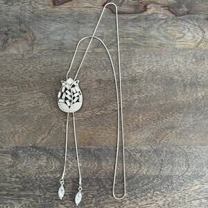 Jewel Studded Rose Adjustable Bolo Long Silver Statement Necklace